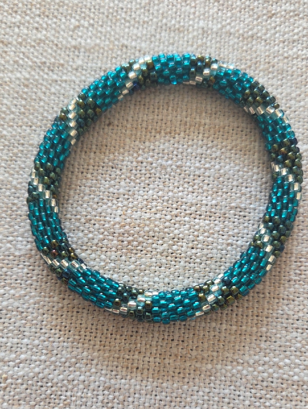 Sashka Co.Teal, Silver and Dark Green Seed Bead Bracelet